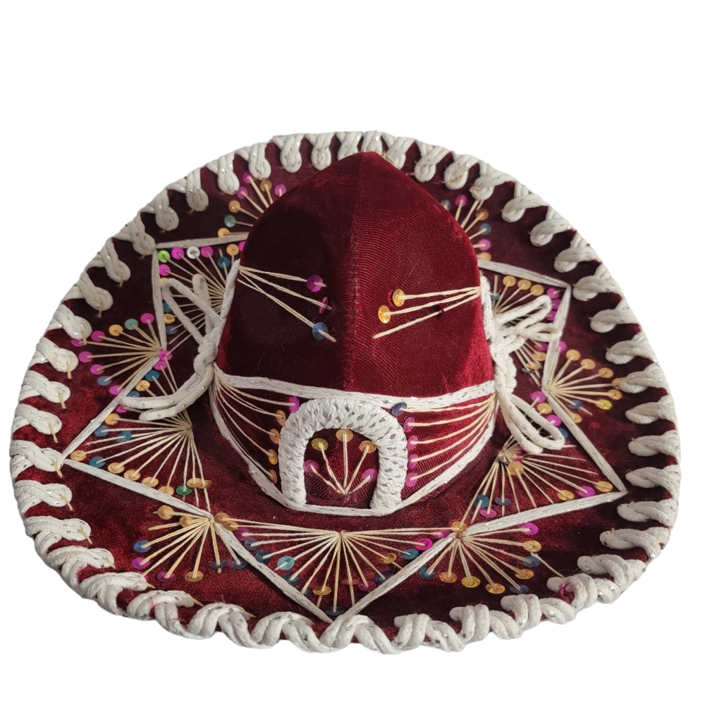 Mexican Sombrero Mariachi Hat Red‎ Maroon velvet colorful Sequins